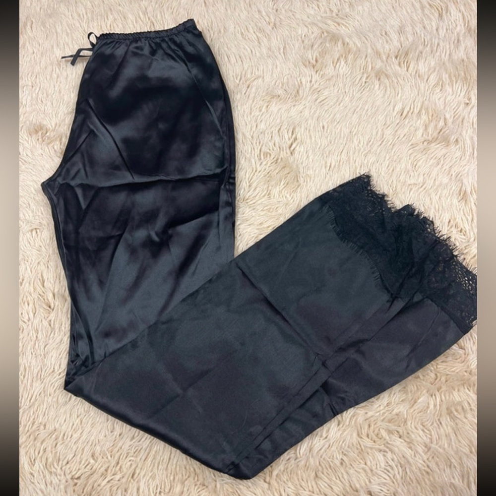 Medium | Satin black lace trimmed silky pants pajamas
